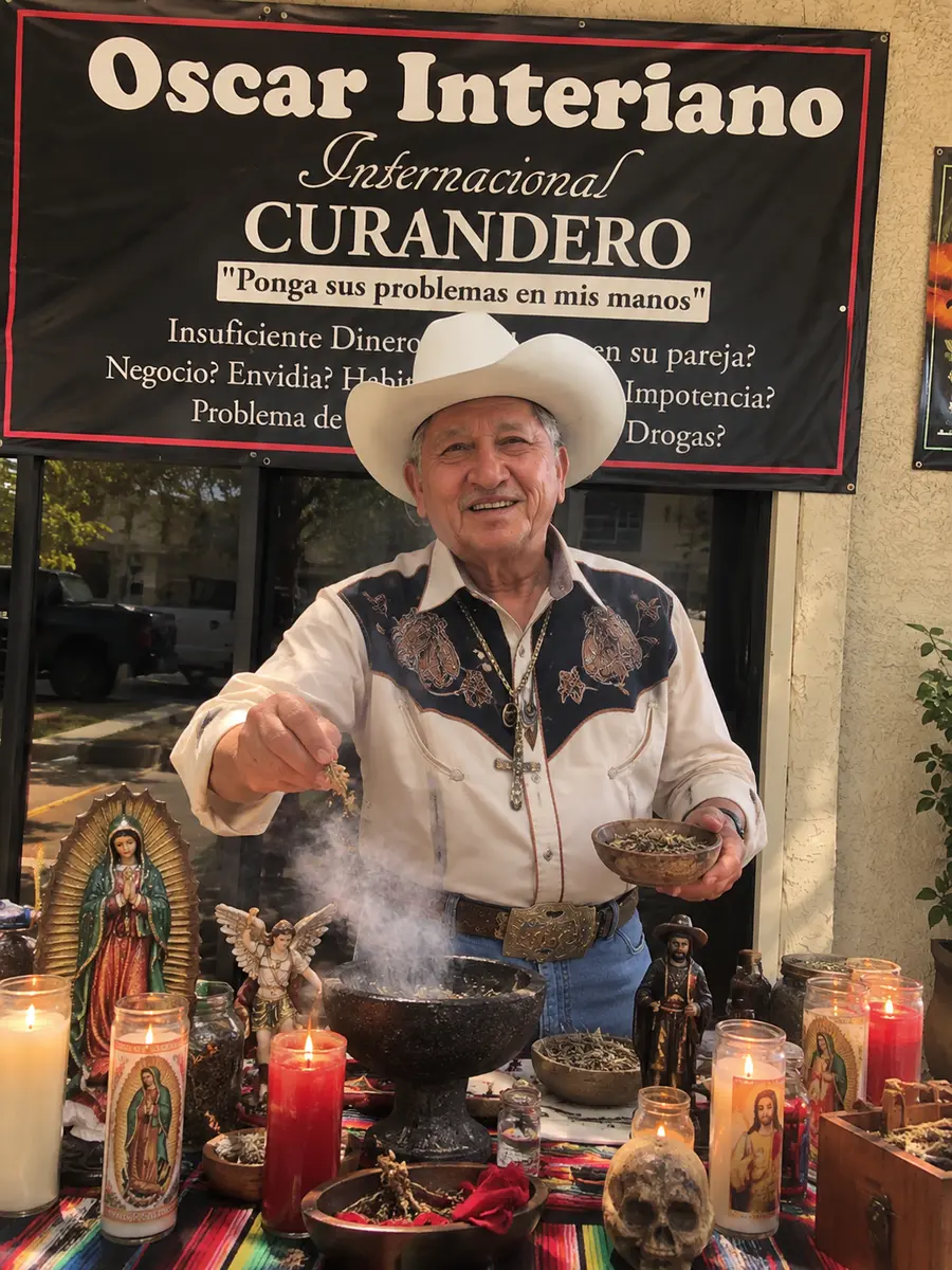 Oscar Interiano en la entrada de su consultorio, con sahumerio